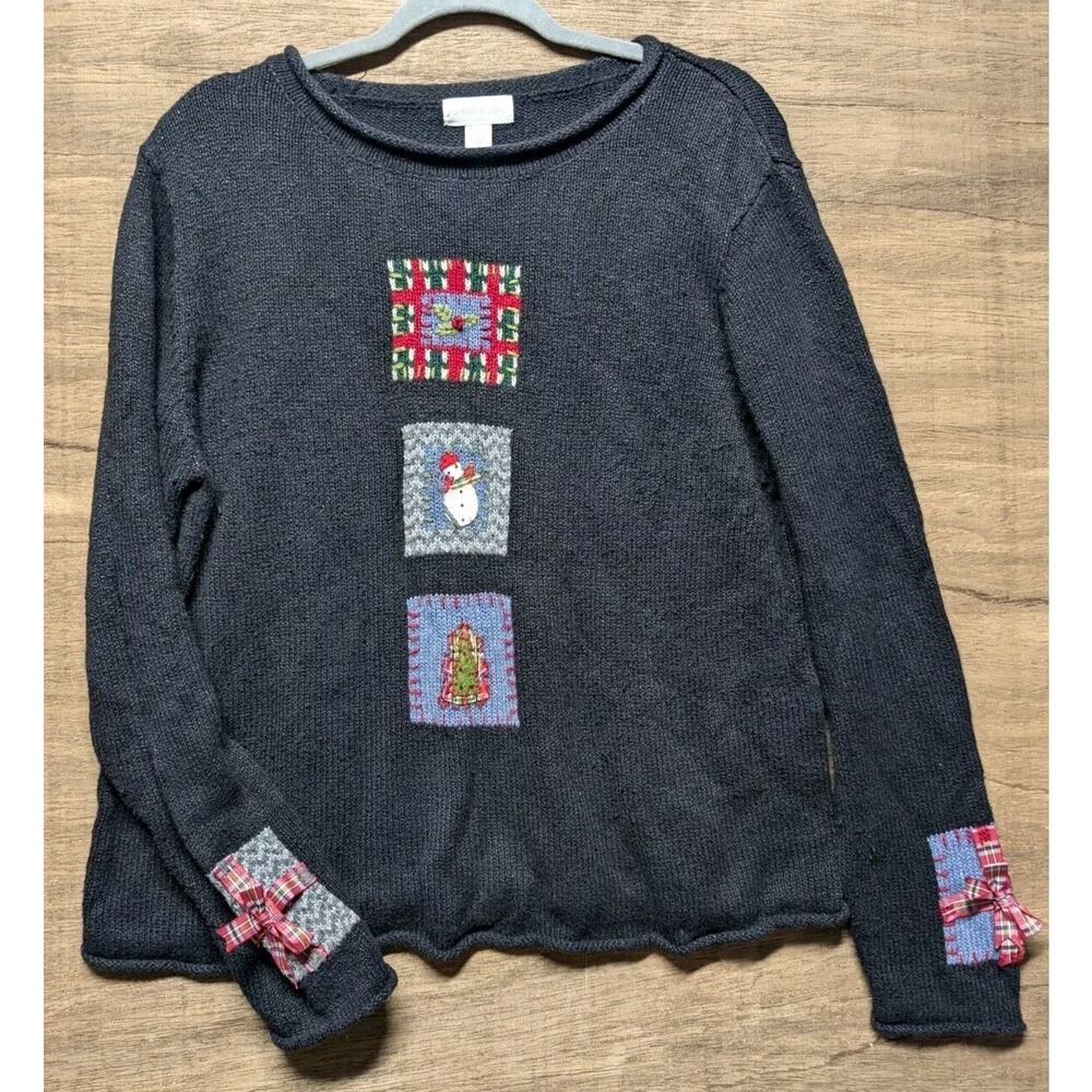 Northern Isles Wmns Sz L Black Christmas Crew Neck Sweater Cottage Cozy